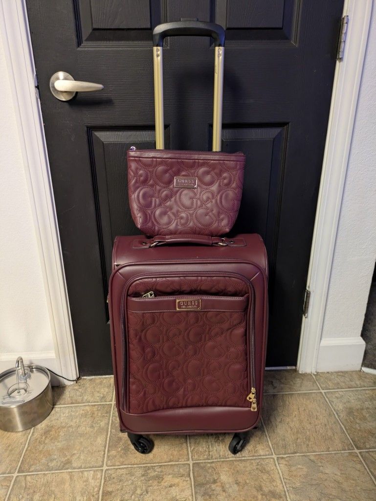 Guess Leather 4 Wheel 20in Carry On & Makeup Bag