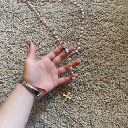 Pink Beaded Rosary Necklace