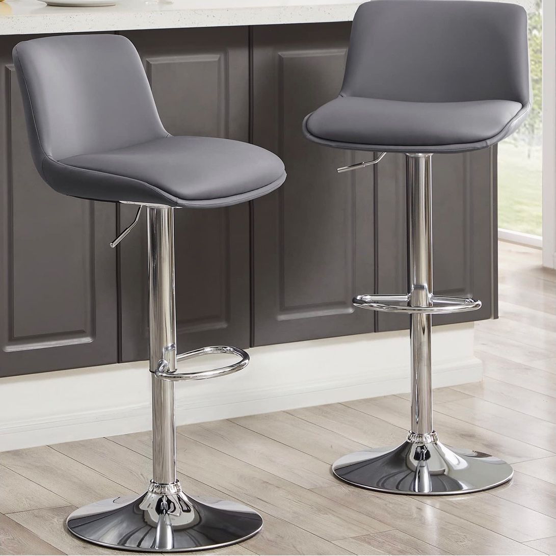 Bar Stools, Adjustable Height 24" to 34",Set of 2,PU in Dark Gray
