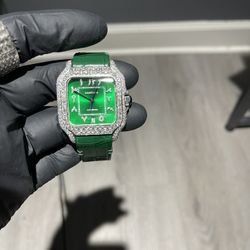 🔥🔥💎💎CUSTOM LIMITED EDITION ICED OUT 🟩DIAL W/ GREEN LEATHER BAND  🔥🔥💎💎