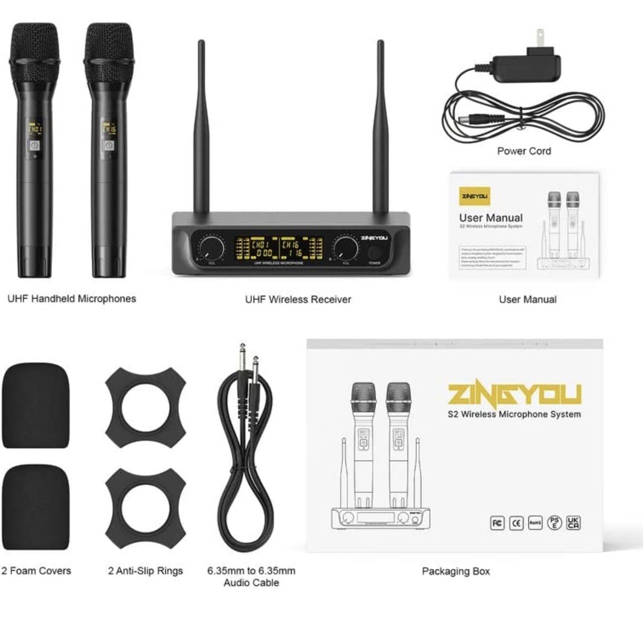 ZINGYOU Wireless Microphone System, UHF Professional Dual Handheld Dynamic Cordless Microphone Set with LCD Display