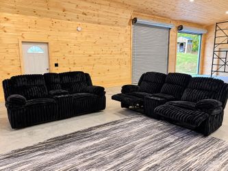Living Room Reclining Sofa and Loveseat Set in Black