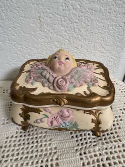 Vintage Ceramic Cherub Trinket Box