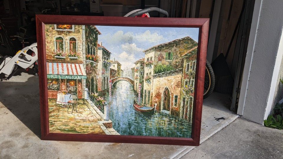 large framed fresco painting with a gondola - OBO