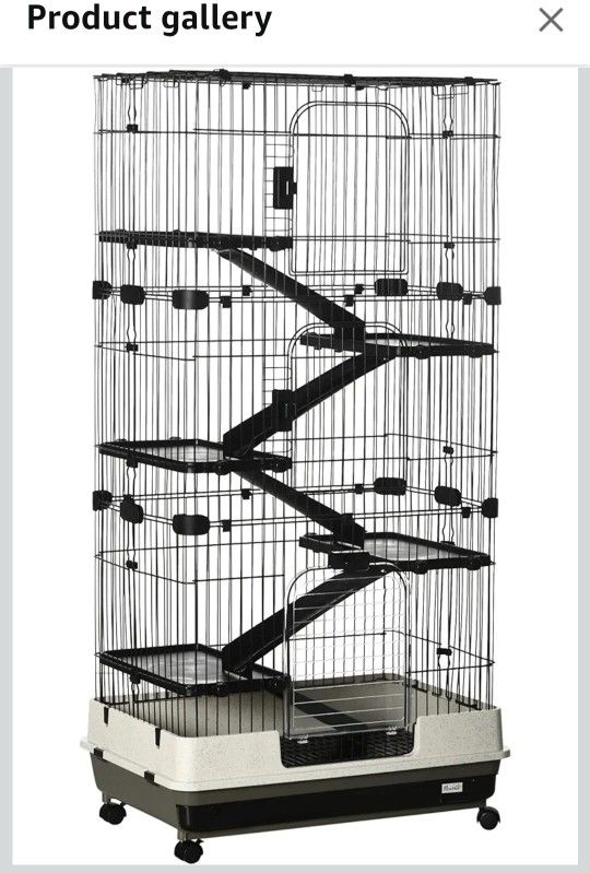 PawHut Black 6-Level Small Animal Cage with Wheels, Removable Tray, Platform and Ramp