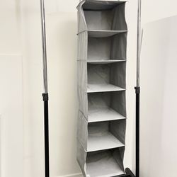 6 Tier Shelf Hanging Closet Organizer •Closet Hanging Shelf w 2 Sturdy Hooks •For Storage, Foldable (Light Grey)