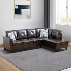 New Brown Leather Sectional Sofa / Couch with Chaise (Can Deliver)