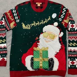 Christmas Holiday Red Ugly Sweater Mens Size Large Functional Front Pocket Santa Metallic