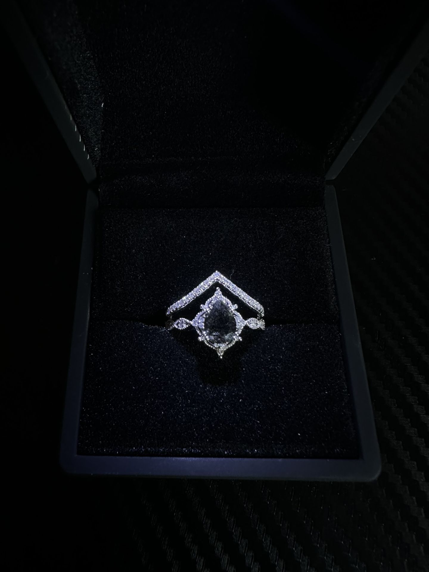 Pear Shaped Black Rutilated Quartz Engagement Ring 2pcs 14K WG + Diamonds