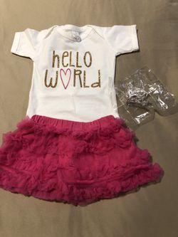 Hello World onesie and pink tutu set with silver crown