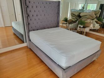 Gray Velvet Tufted Wingback Queen Bed Frame