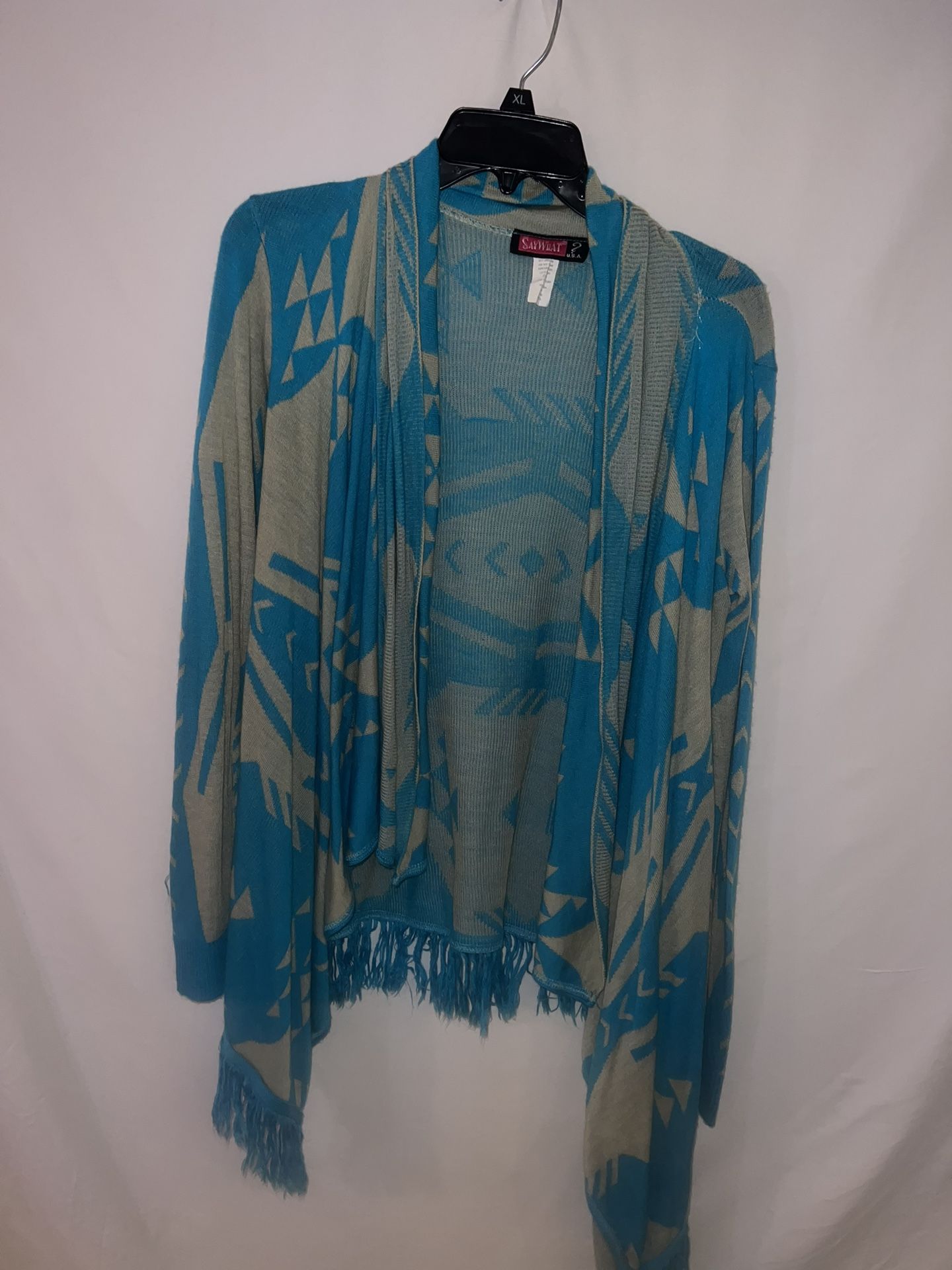 Ladies Womens Small Say What? blue gray aztec patterned adorable sweater poncho