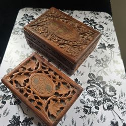2 Vintage Hand-Carved Wooden Boxes Floral Design 