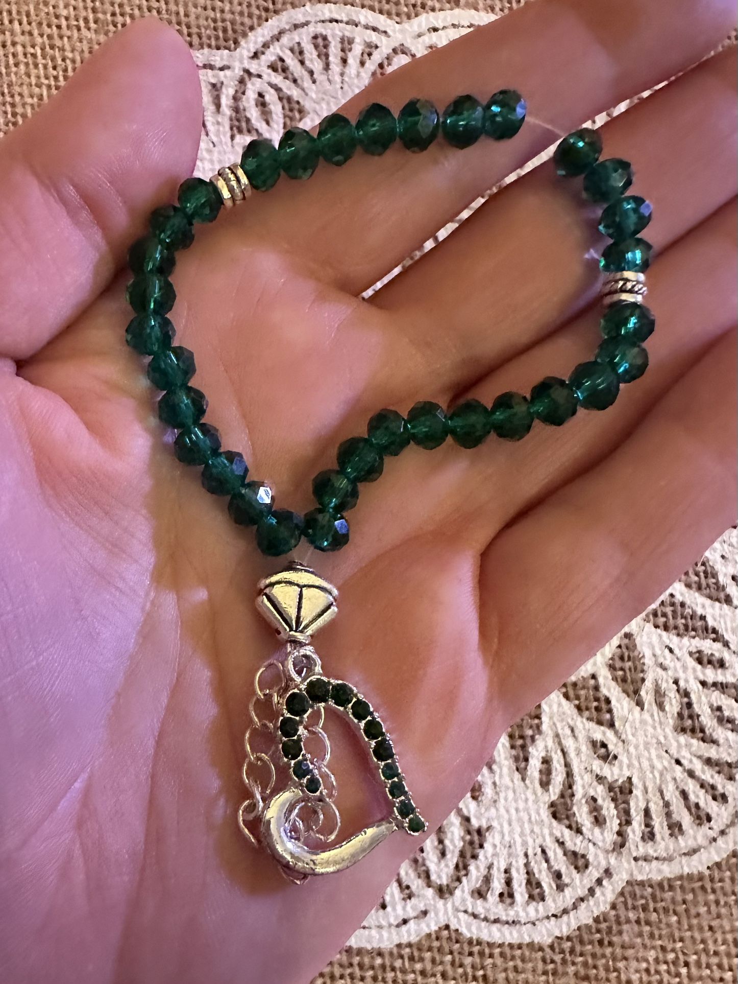 Mini Pocket 33 Faceted Glass Bead Islamic Prayer Beads Mesbiha Silver & Emerald Green With Heart