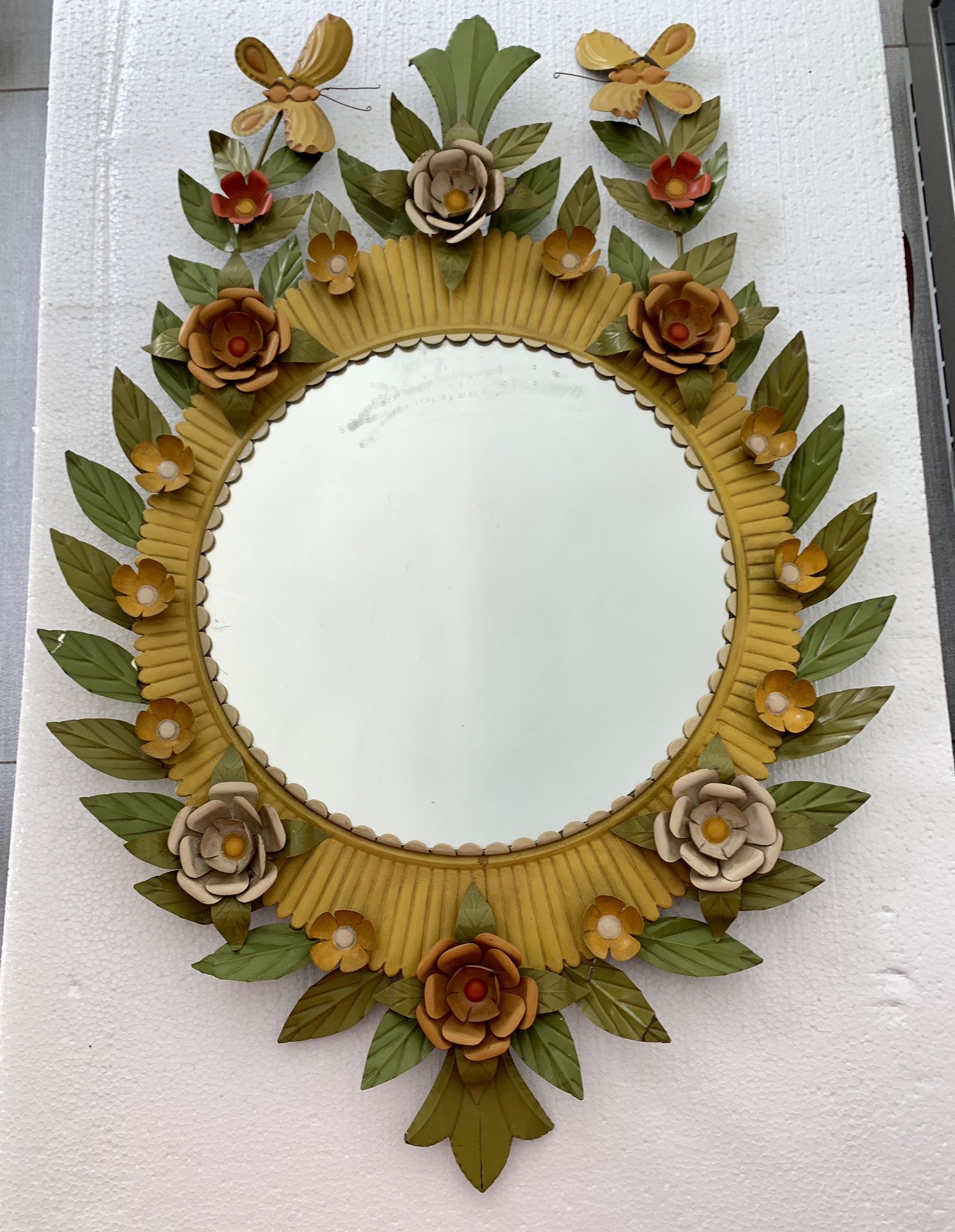Vintage enameled tin mirror with flowers and butterflies