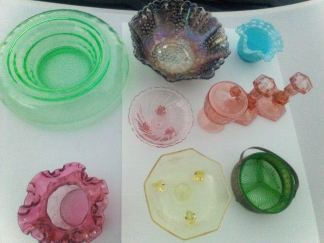 9 Depression Glass Pieces - Green Antique Glassware Vintage Keywords Bowl Plate Pitcher Juicer Fire King Uranium Fenton Salt
