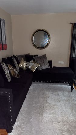 Black Velvet Sectional Sofa with Nailhead Trim