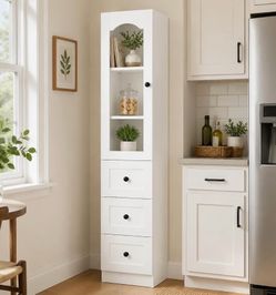 63" Narrow Pantry Cabinet with 3 Drawers and Arched Glass Doors