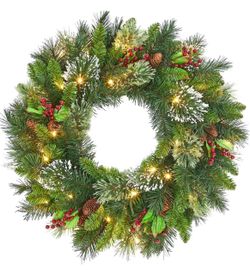24 Inch Pre-Lit Artificial Christmas Wreath, 50 Warm White LED Lights, Decorated with Frosted Pine, Pine Cones, Berry Clusters, Christmas Decorations