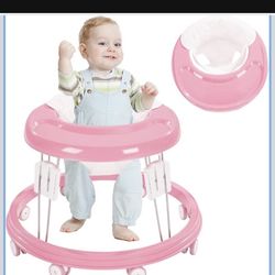 Adjustable Baby Walkers for Baby with Easy Clean Tray, Universal Wheeled Walker, Anti-Rollover Folding Walker for Girls Boys 6-18Months Toddler (Pink/