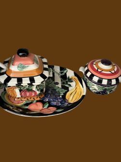 A contemporary Vicki Carroll Studio 'Bon Appetit' ceramic tureen set with ladle and platter.