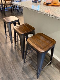Set of 3 Metal Bar Stools with Wood Seats