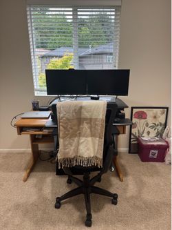 Wooden Desk With Standing Desk Converter & Chair