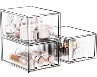 3Pack Striped Stackable Makeup Organizer, Clear Acrylic Organizers Storage Drawer Organizer, Cosmetics Case and Beauty Organizer for Vanity, Kitchen C