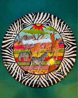 Vintage stunning hand painted Penzo Zimbabwe large colorful jungle wildlife plate