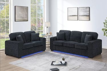 Brand New Black Chenille Sofa & Loveseat w LED Lights