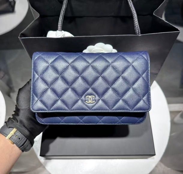 Chanel woc blue blue gold lychee line pattern cowhide