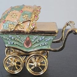 Keren Kopal Blue Baby Carriage Trinket Box With Pink Austrian Crystals