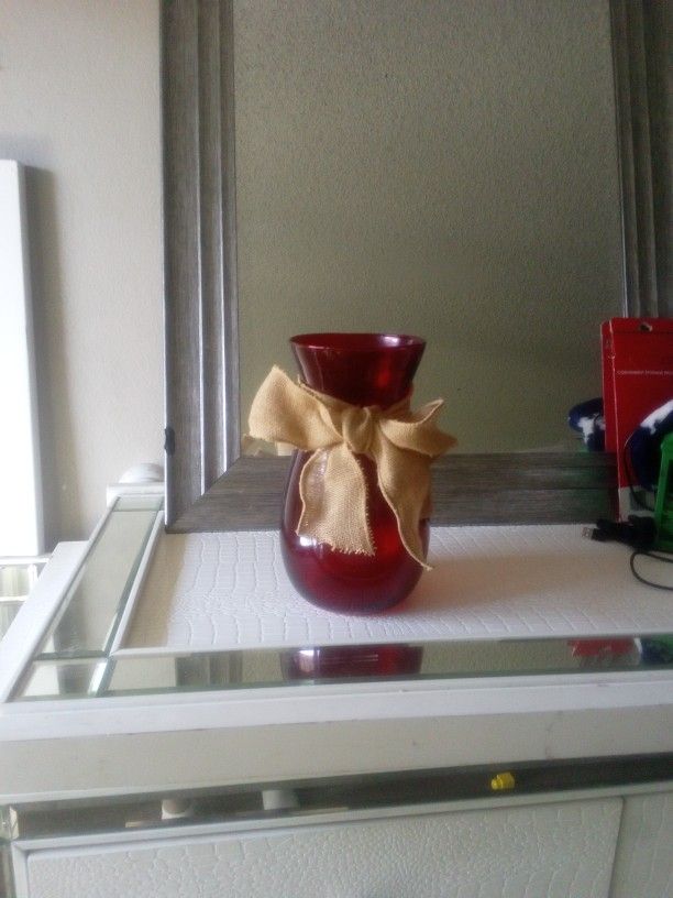 Red Vase With Burlap Bow