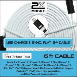 2x Mobile USB Charge & Sync 6ft Flat Cable for iOS