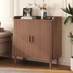 Fluted Bar Cabinet with Storgae, Wine Cabinet, 33" H, Walnut Coffee Bar Cabinet, Liquor Cabinet, with Charging Station, with 3 Wine Glass Holder and 6