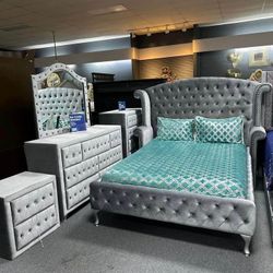 The Best Price Brand New Product 💐 Finance & Delivery Available ⭕▪️Alzir Velvet 5 Piece Queen Bedroom Set