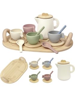 New-Wooden Tea Sets for Toddlers 3-5 Tea Party Set for Little Girls 4-6 Play Food Sets for Kids Kitchen Pretend Play Toys, Kids Kitchen Accessories fo