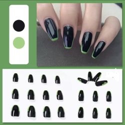 New 24pc Med Black Green Lining Press On Nails 