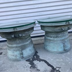 Pair of Southeast Asian Bronze Rain Drum Side Table w/Glass Top