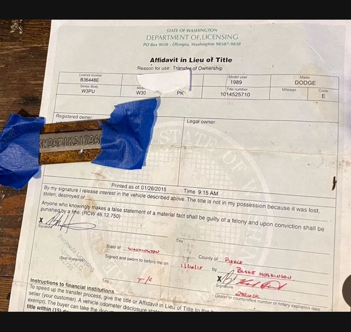 Cummins 1st Gen 89 W350 Papers Title Vin Parts Nostalgia Collector Memorabilia 