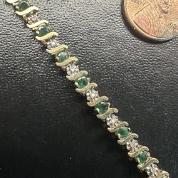 Solid 14k Two-Tone Gold Diamond Emerald Tennis Bracelet 7” Length Beautiful!!!