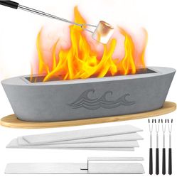 Tabletop Fire Pit with Smores Maker Kit, Boat Shaped Portable Indoor & Outdoor Alcohol Fireplace, Mini Smokeless Smores Table Top Concrete Firepit for