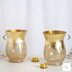 4 Glass Hurricane Vases With Gold Crackle Finish