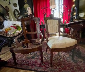 Pair of Eastlake Victorian French Style Armed Wood & Leather Chairs Need Love