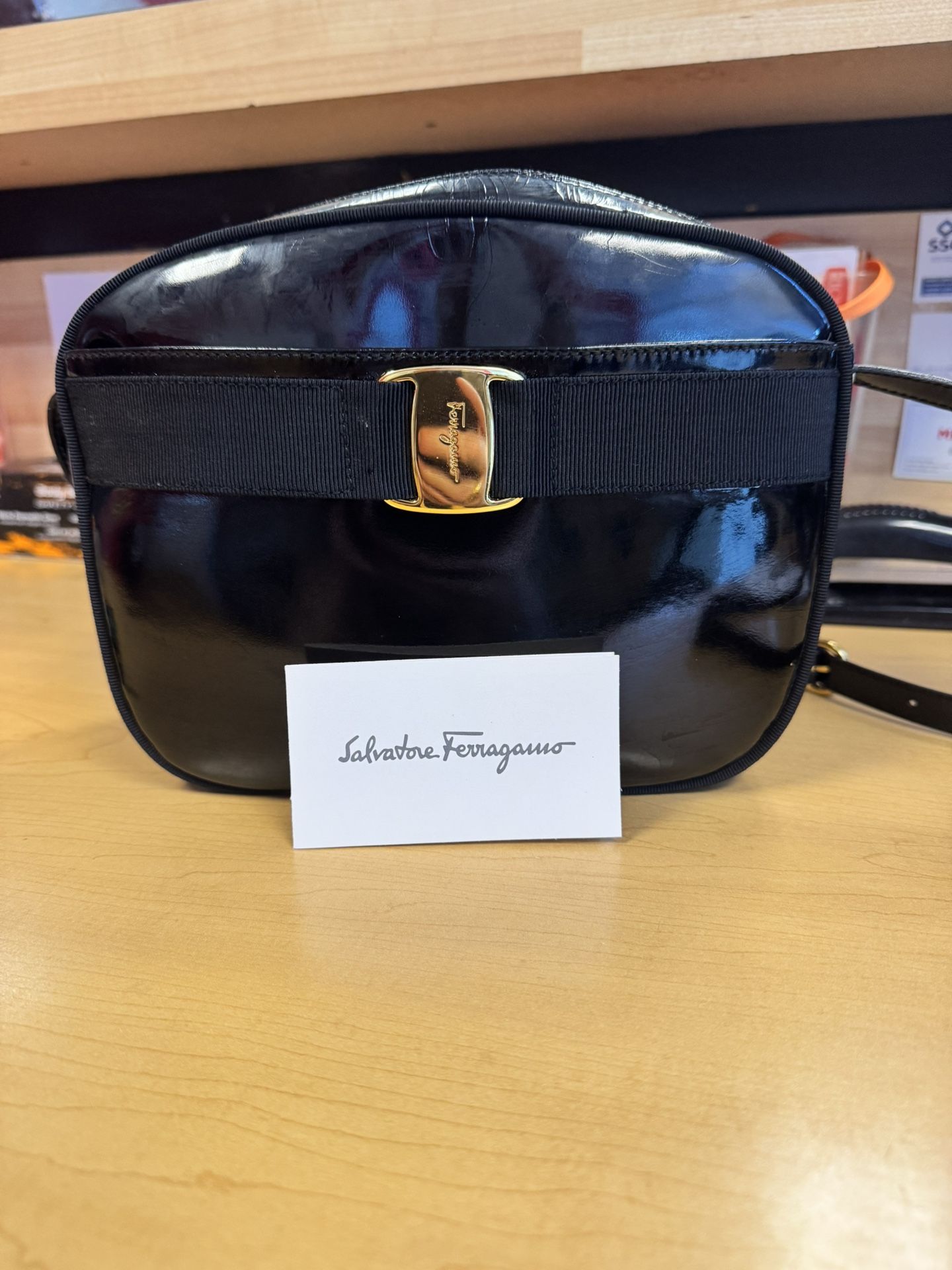 Salvatore Ferragamo Black Gold Patent Leather Crossbody Bag