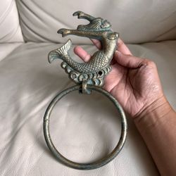Antique-Style Mermaid Ring Wall Hook - Bronze Green Nautical Decor