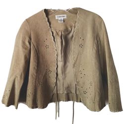 Calvin Klein Leather Jacket Suede Beige Eyelet Size Large Tan Y2K Western Festival