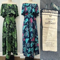 2 Cupshe Tropical Off-Shoulder Maxi Dresses - Navy + Green - size M/L