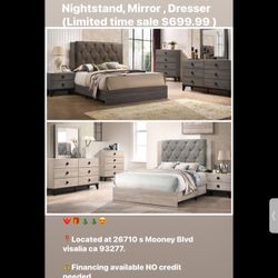 Queen Bedframe, Nightstand, Mirror, Dresser SALE $699.99