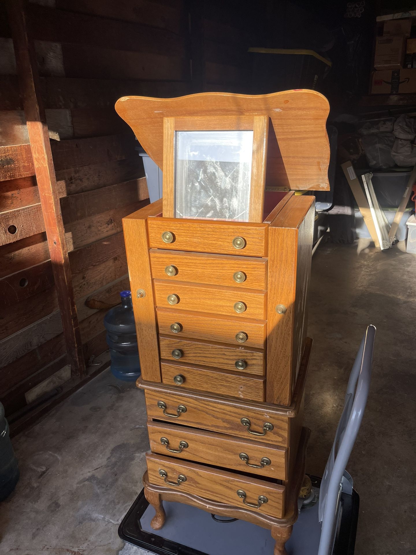 LRG. ROSALCO WOOD JEWELRY ARMOIRE 7 DRAWERS + LIFT TOP + 2 SWING OUT SIDE PANELS